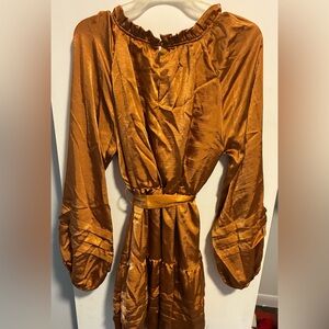 Peach Love California Bronze Satin Mini Dress S Ruffle Neck Long Balloon Sleeve